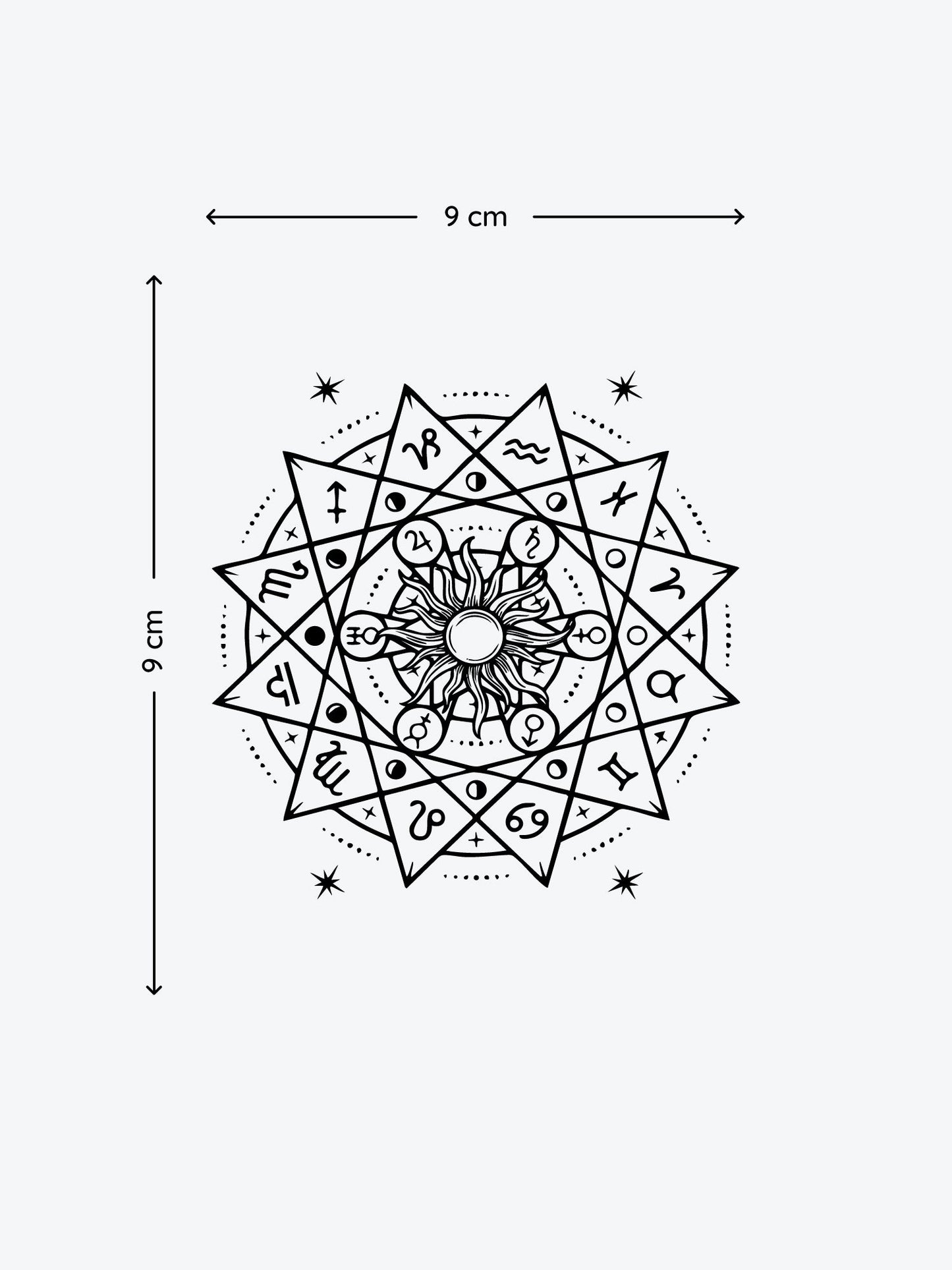 Sun with Zodiacs temporary tattoo