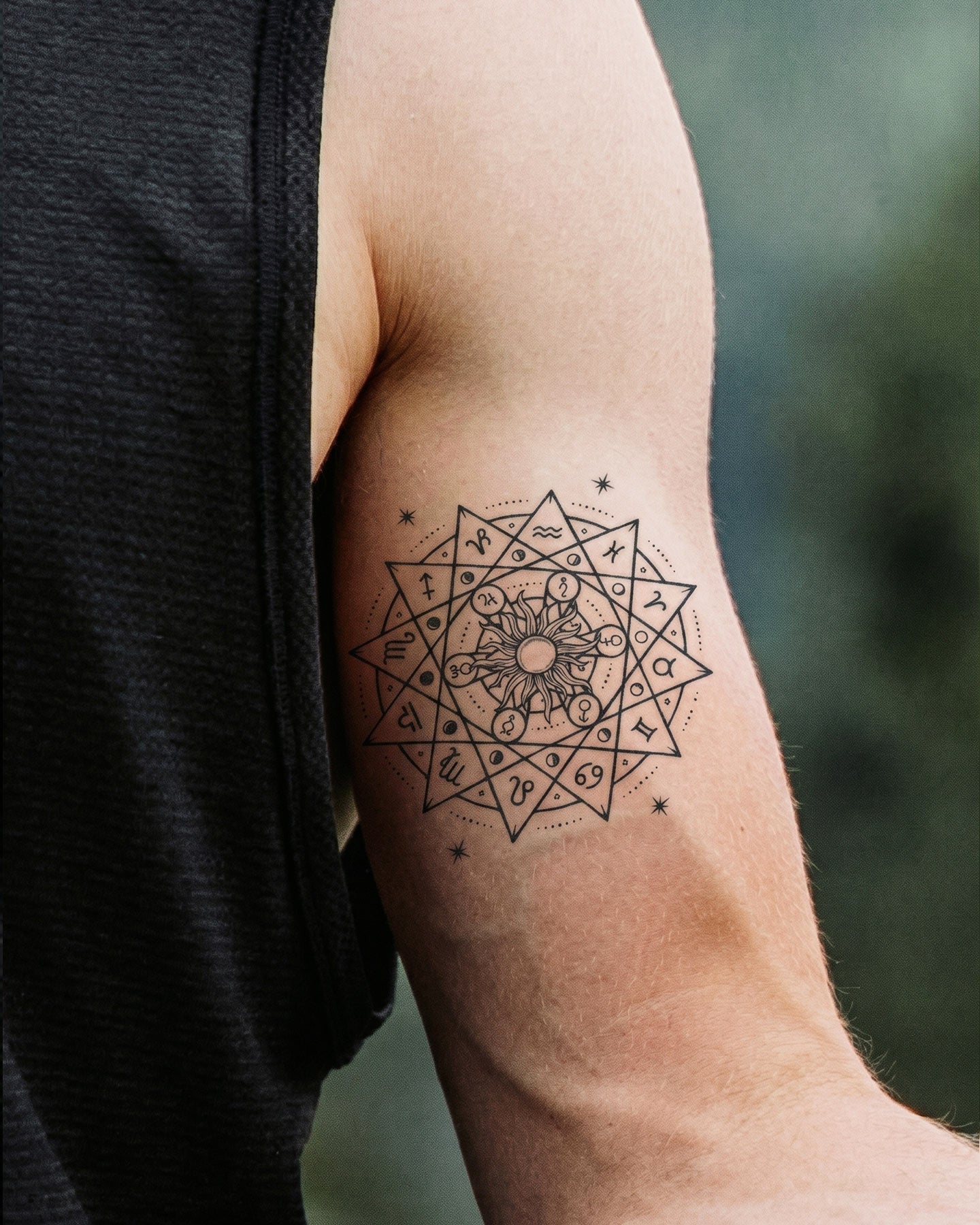 Sun with Zodiacs temporary tattoo